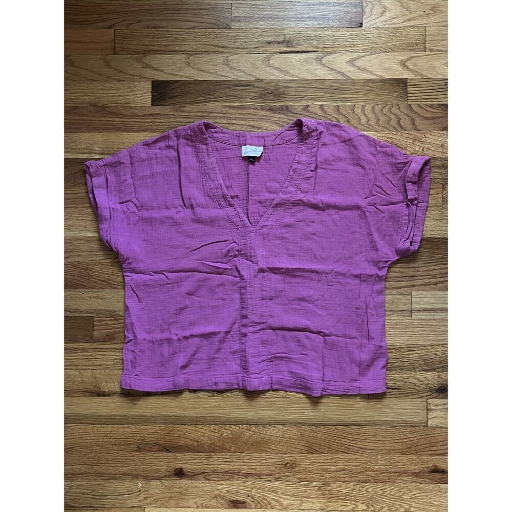Pink Gauze V-Neck Blouse with Cap Sleeves, 100% Cotton, Women's XL